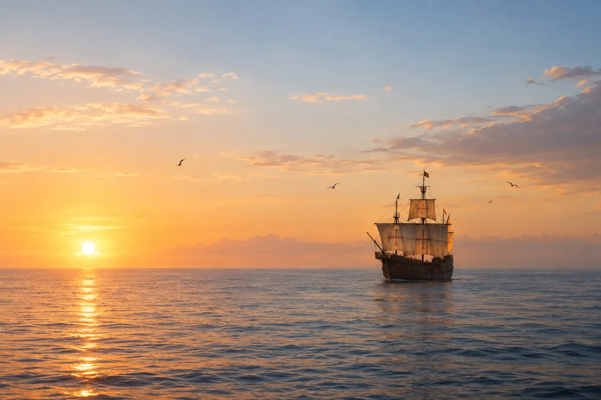 Antiga caravela portuguesa navegando em mar aberto ao pôr do sol, vista à distância