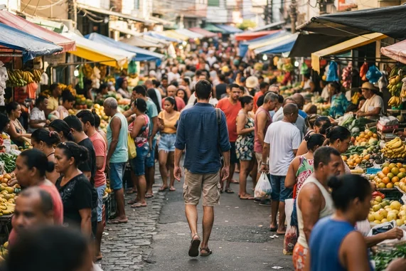 Homem comum caminhando de costas em meio a uma multidão em feira de rua, simbolizando o conceito de zé ninguém