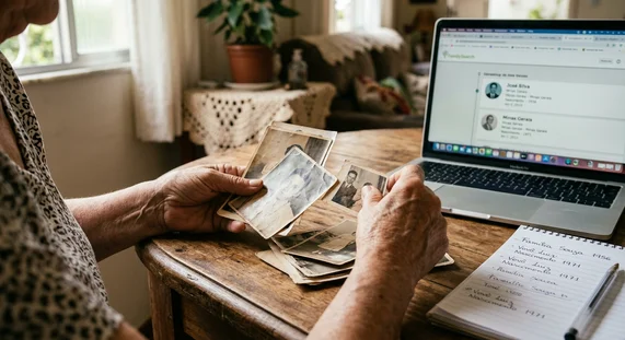 Maos organizando fotos antigas da familia ao lado de notebook com pesquisa genealogica