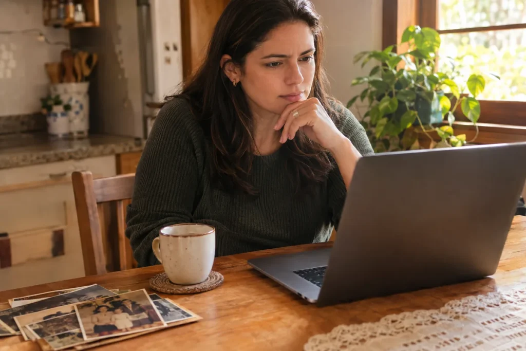 Mulher pesquisando a história da família no notebook com fotos antigas sobre a mesa