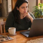 Mulher pesquisando a história da família no notebook com fotos antigas sobre a mesa