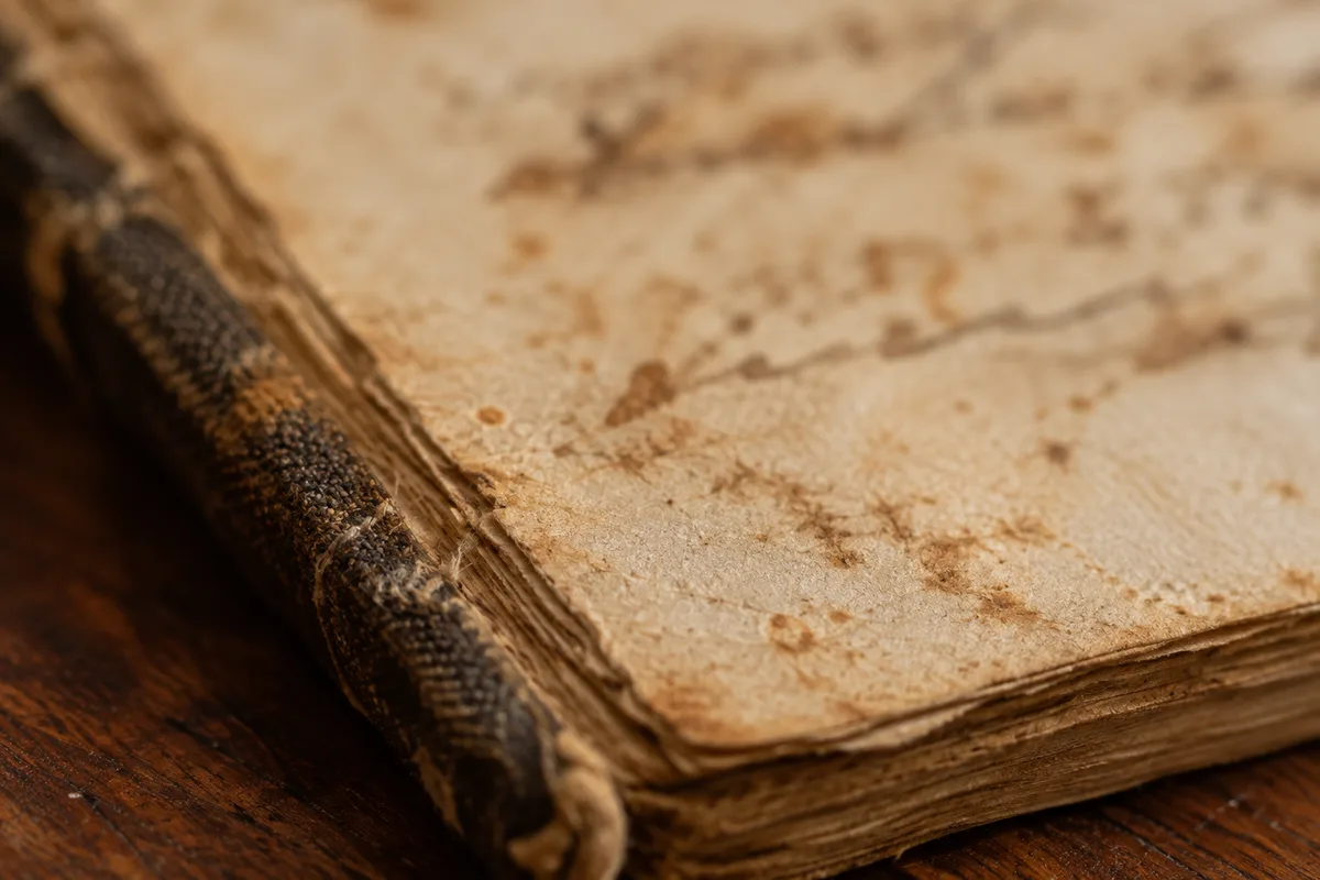 Detalhe de página amarelada e manchada de um antigo livro de batismos
