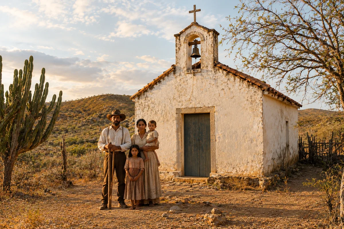 Família do sertão nordestino em roupas do século XIX diante de uma capela caiada