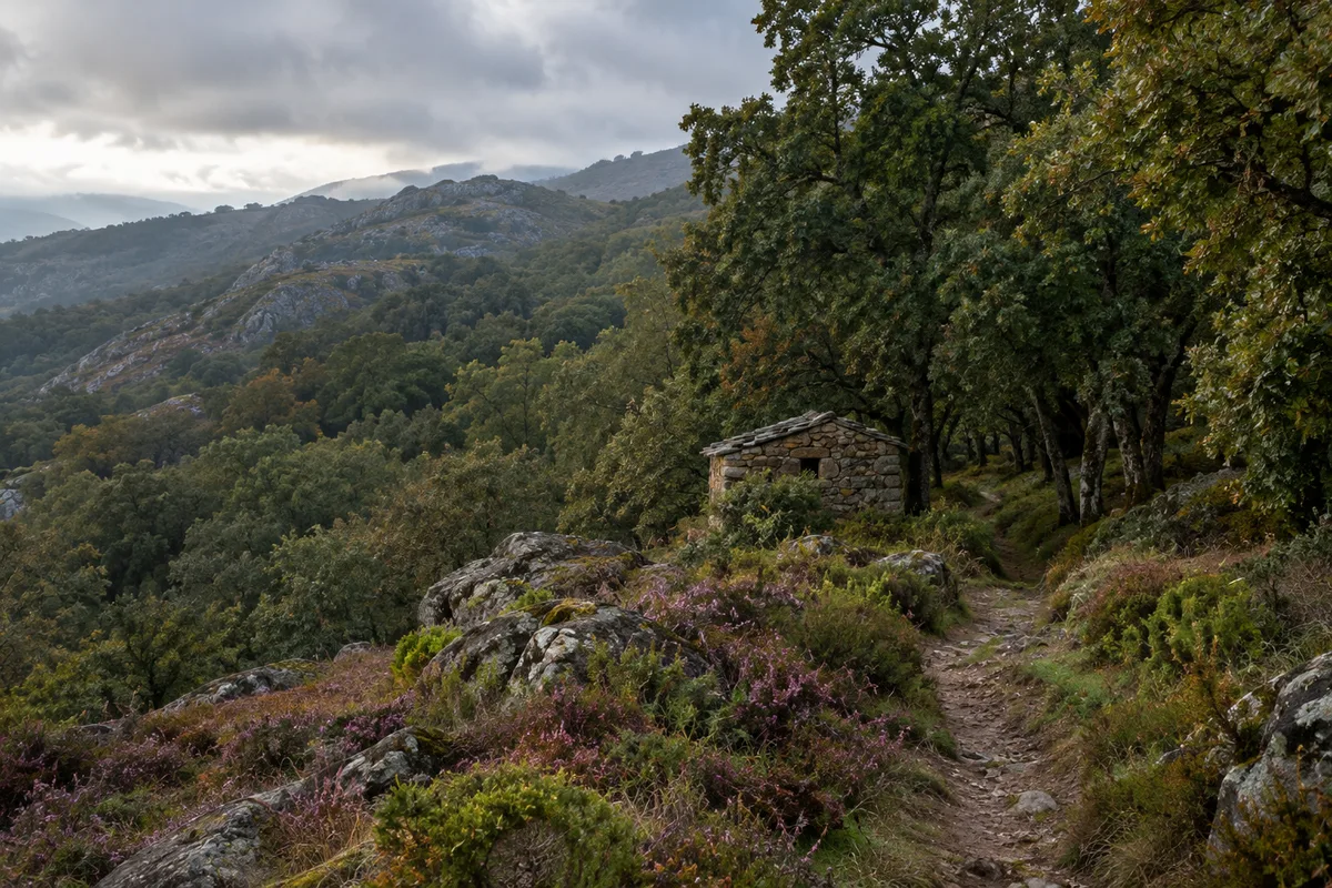 Montes com bosque de carvalhos e urze no norte de Portugal, com uma cabana de pedra à beira da mata