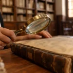 Mãos com lupa examinando um antigo livro de registro paroquial numa sala de arquivo