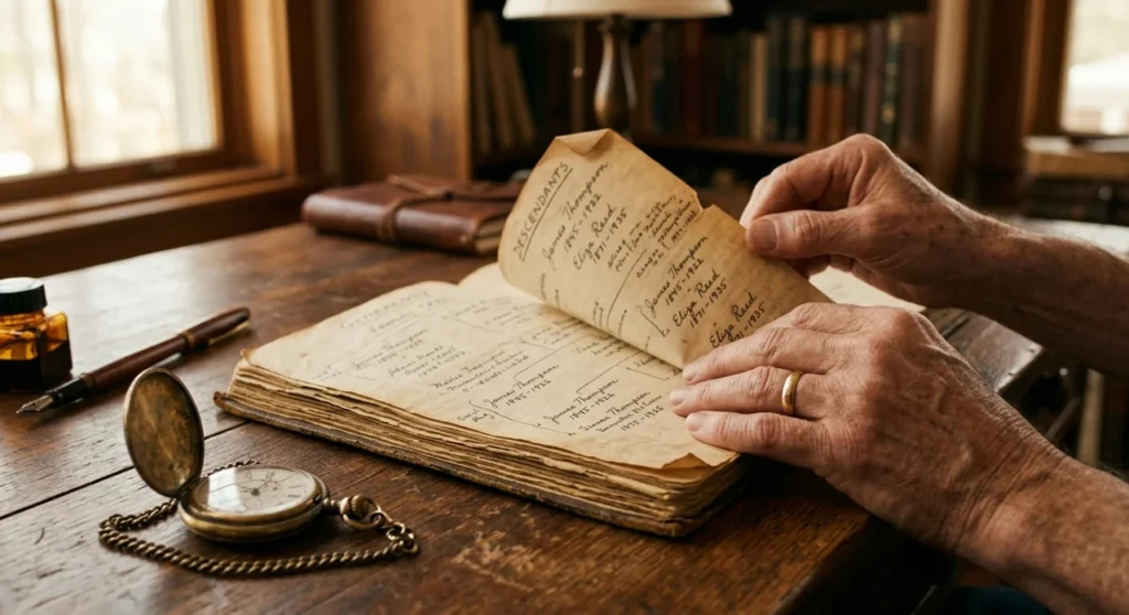 Caderno antigo de arvore genealogica aberto sobre mesa de madeira