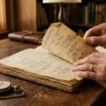 Caderno antigo de arvore genealogica aberto sobre mesa de madeira