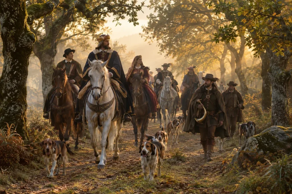 Comitiva de caça real portuguesa com cavaleiros, monteiros e cães numa trilha de bosque ao amanhecer