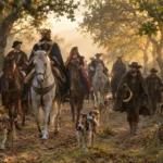 Comitiva de caça real portuguesa com cavaleiros, monteiros e cães numa trilha de bosque ao amanhecer