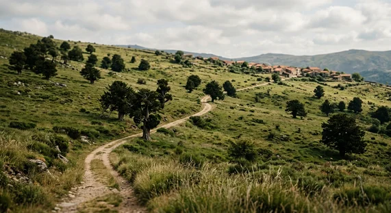 Encosta verde com arvores de teixo em Portugal, caminho rural