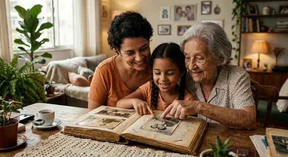 Tres geracoes de familia brasileira olhando album de fotos antigas na mesa