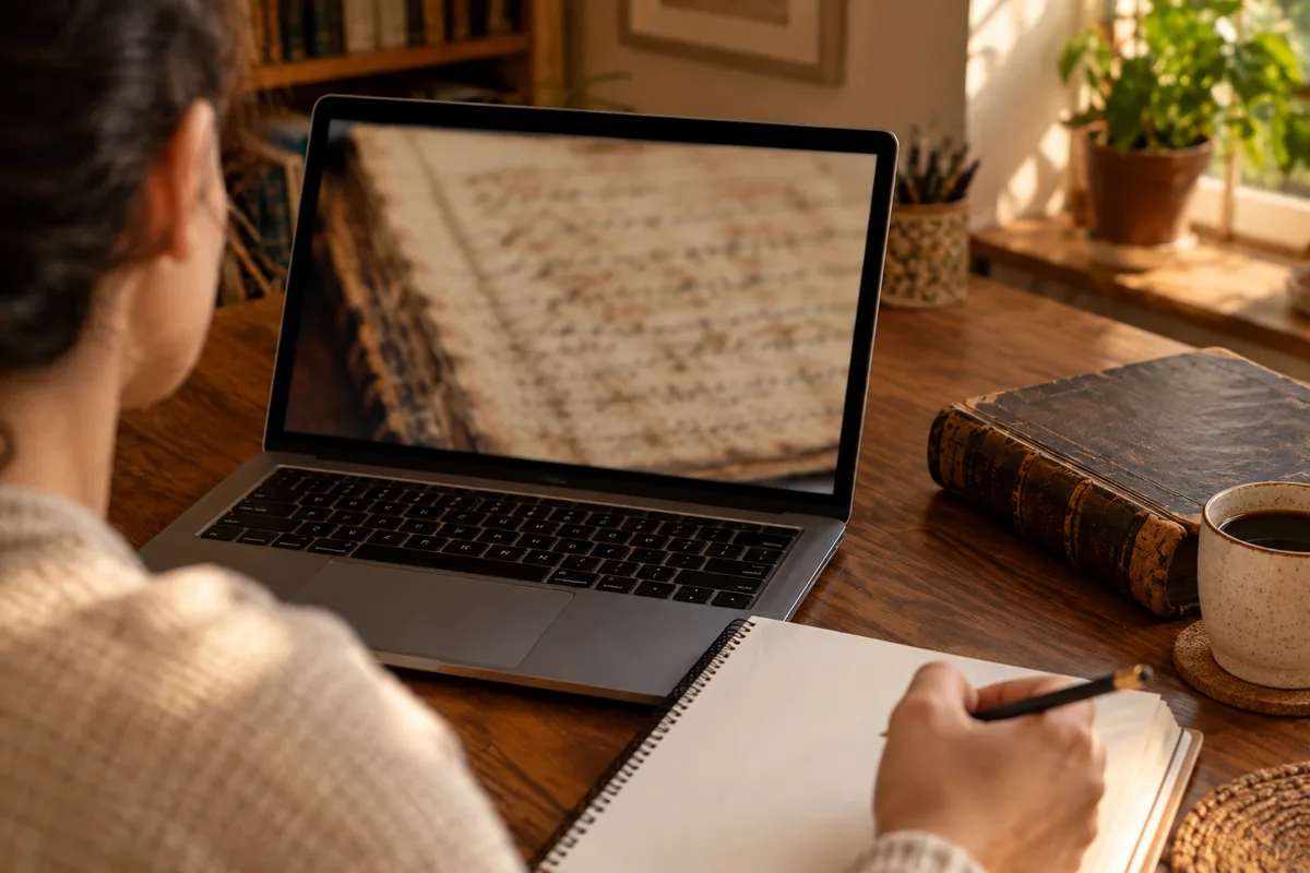 Pessoa comparando no notebook a foto de um manuscrito antigo enquanto faz anotações num caderno